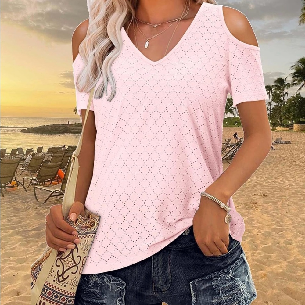 Eyelet V-Neck Short Sleeve Cold Shoulder Blouse